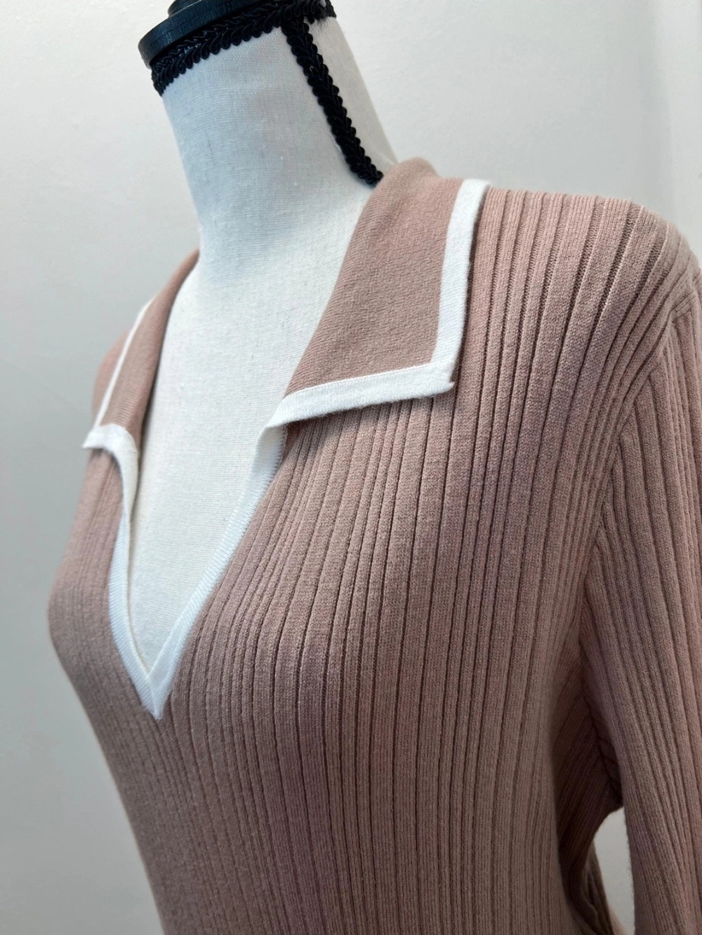 PrettyGarden Ribbed Sweater Maxi Dress XL NWT Taupe biege Contrast Trim Knit Dre - Picture 3 of 9